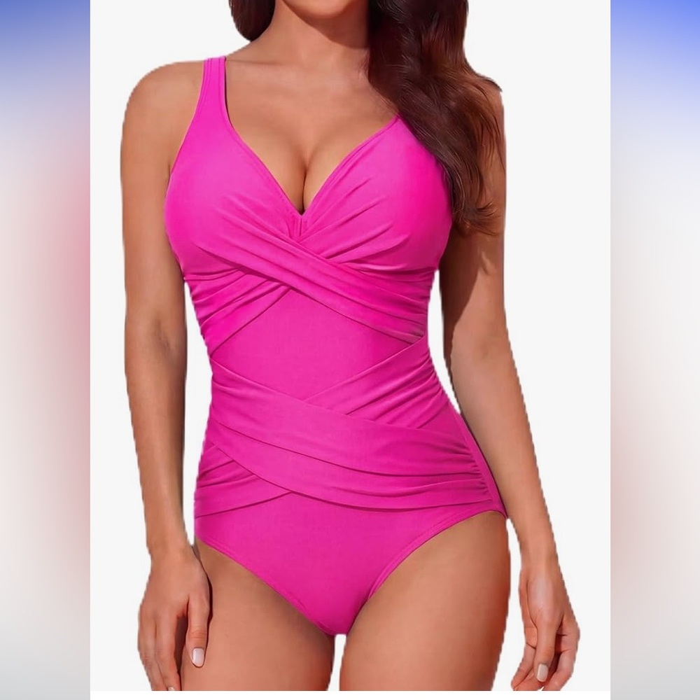NWT Women's Pink V-Neck Ruched One-Piece Swimsuit